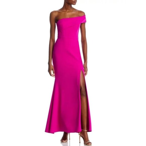 AQUA Formal Scuba Crepe Off -The- Shoulder Gown, Open Leg, Magenta, 8, Exclusive - Picture 2 of 5